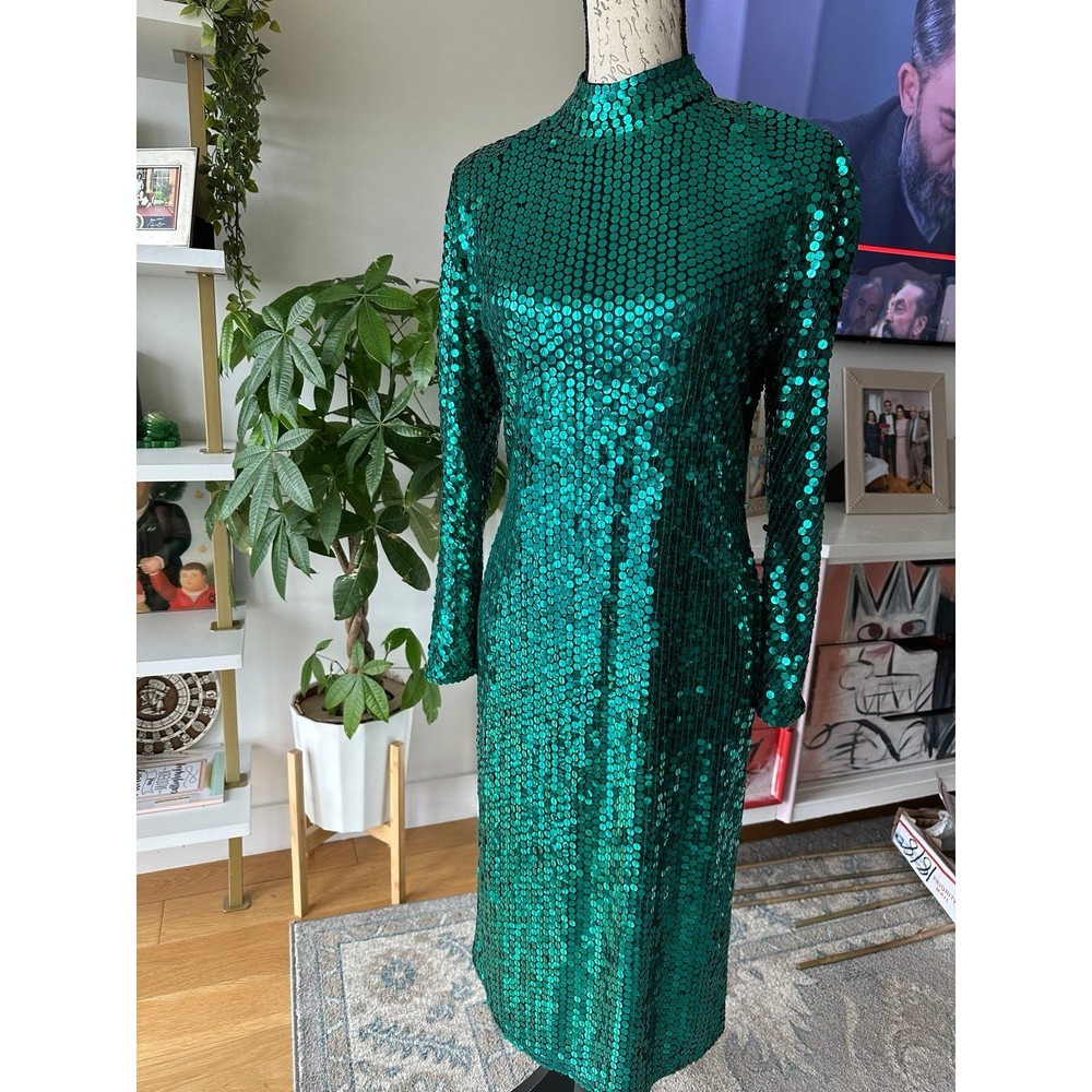 1980s Oleg Cassini Emerald Sequin Dress